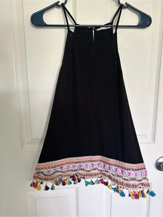 Entro Tops - Entro Black Tank Top with Multicolor Embroidered Tassel Hem| Women’s Large